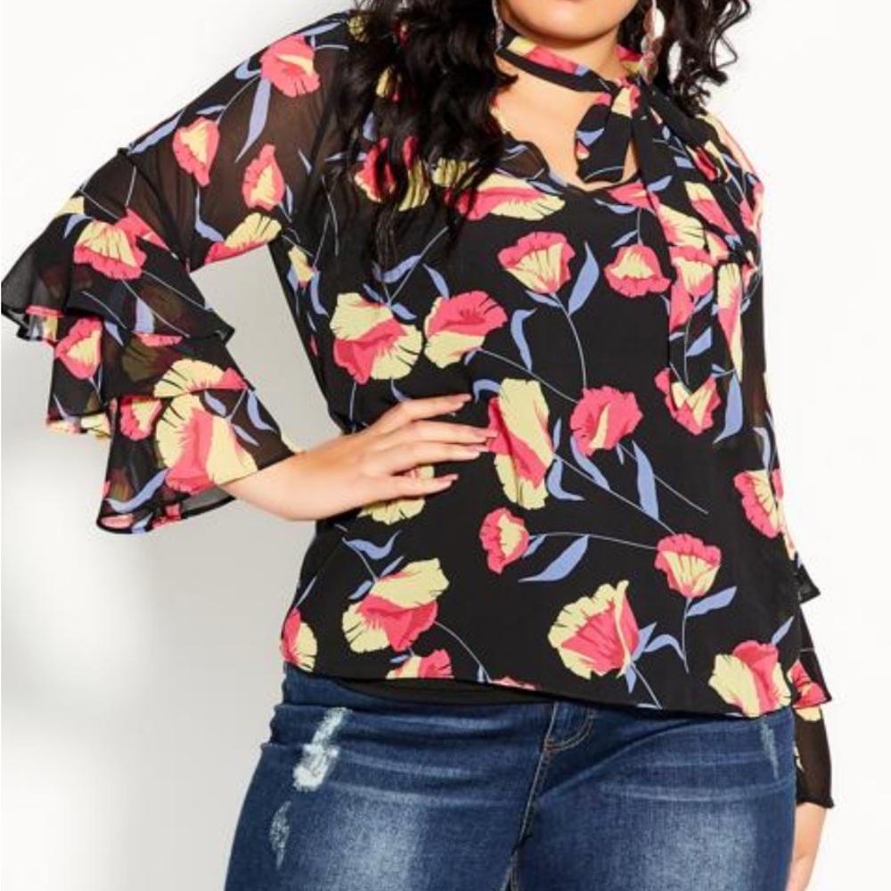 City Chic Black and Pink Floral Ruffled Bell Sleeve Blouse size 18